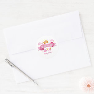 Akvarellprinsessa Rosa Flickebarn Babyshower Runt Klistermärke
