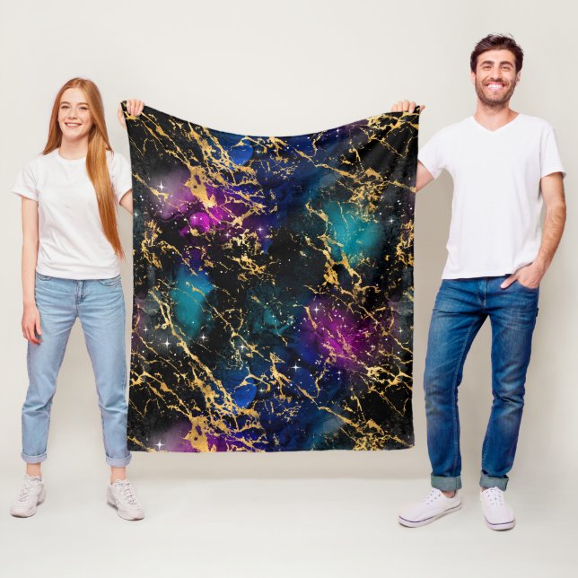 Akvarellregnbåge & svart & guld marmor galax fleecefilt (På plats)