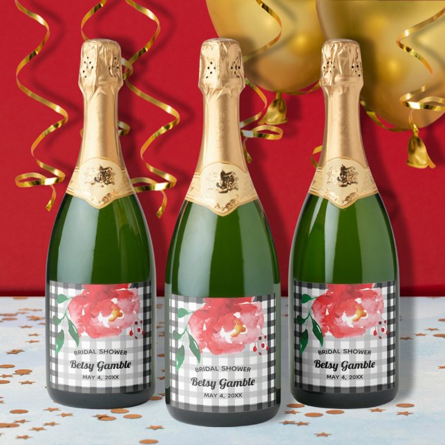 Akvarellros på Gingham-bubbelvinsetiketter (Watercolor red rose on black and white gingham sparkling wine bottle personalized labels)