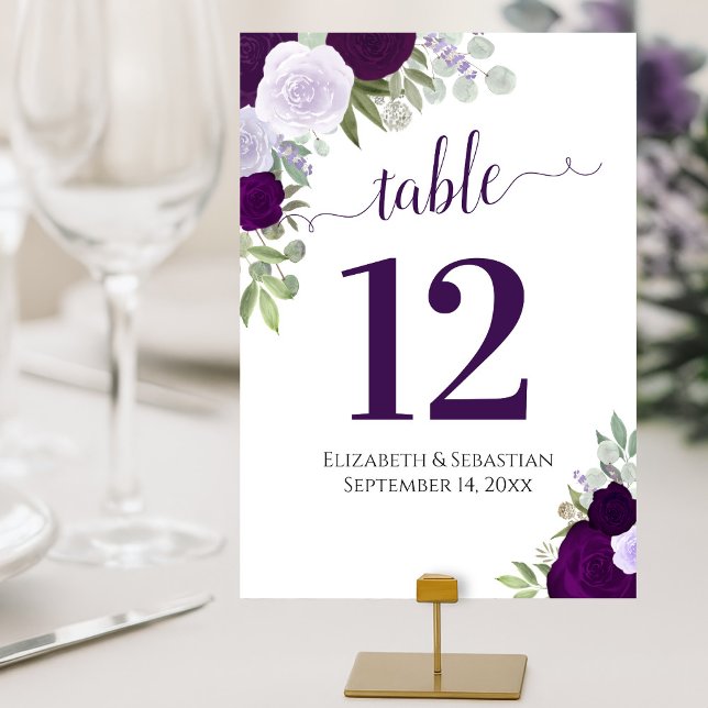 Akvarellrosor Elegant Plommonlila Bröllop Bordsnummer (Skapare uppladdad)