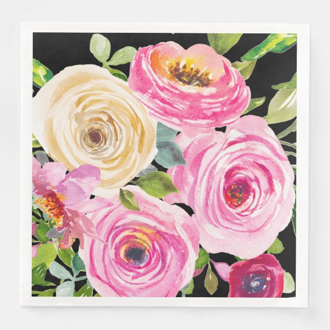 Akvarellrosor i rosa och kräm på svart pappersservett (Framsida)