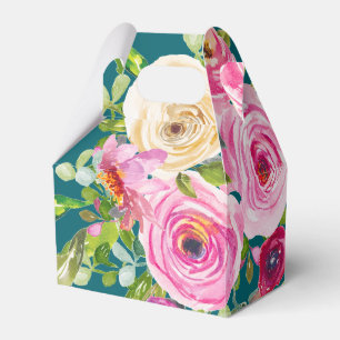 Akvarellrosor i rosa och kräm på teal presentaskar