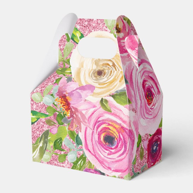 Akvarellrosor i rosa och krämrosa glitter presentaskar (Framsidan Sidan)