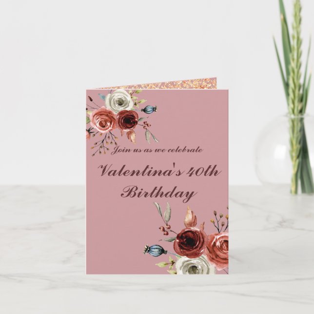 Akvarellrosor Rosa Blommig 40-årsdag Inbjudan (Framsida)