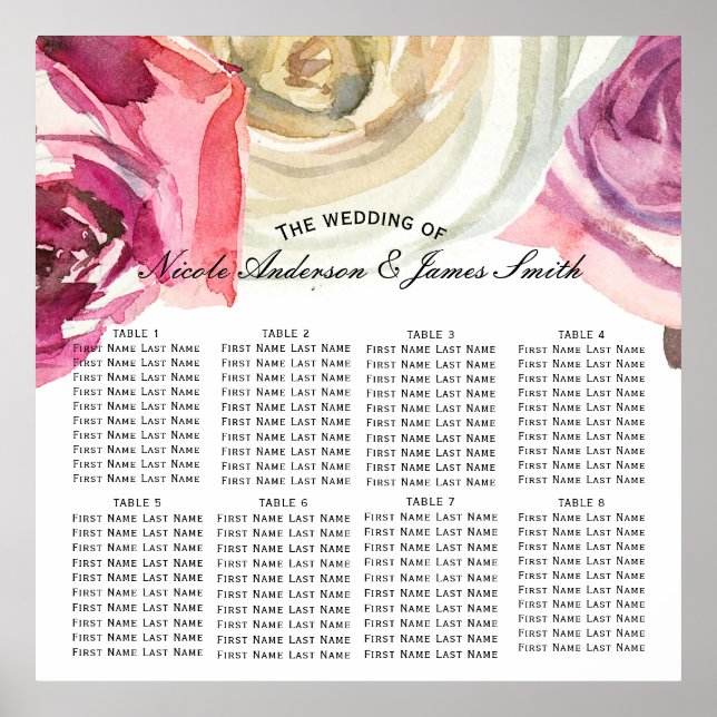 Akvarellrosor Rosa & Vit Chic Sittplatskort Poster (Framsidan)