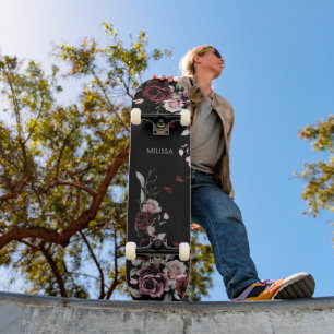 Akvarellrosor Svart Bakgrund Mini Skateboard Bräda 18,5 Cm