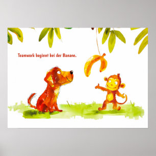 Akvarellserie Hund och apa vill ha banan Poster