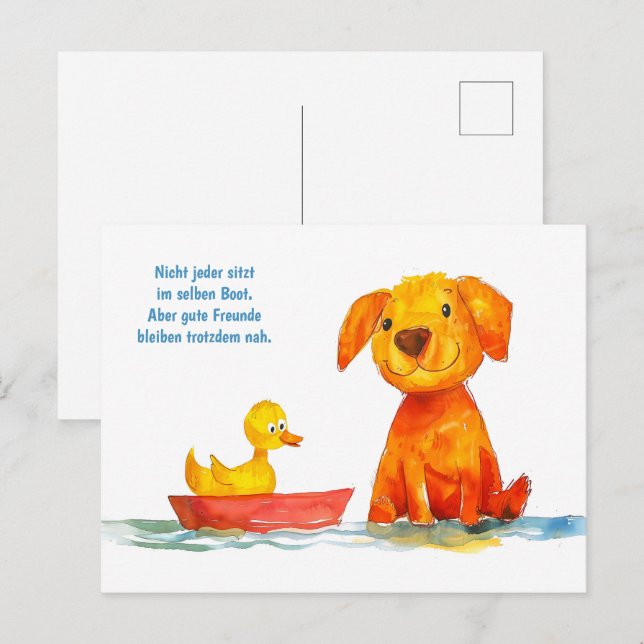 Akvarellserie Hund tittar på anka i båt Helg Vykort (Fram/baksida)
