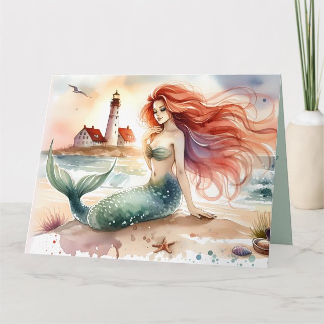 Akvarellsjömermaid vid fyrstrand kort (Framsida)