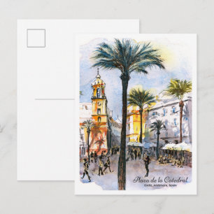 Akvarellskiss katedraltorget Cadiz Spanien Vykort