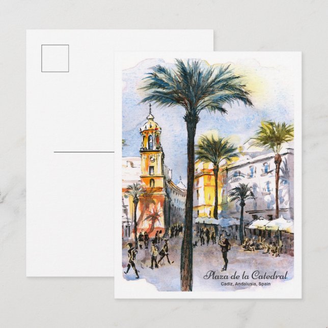Akvarellskiss katedraltorget Cadiz Spanien Vykort (Fram/baksida)