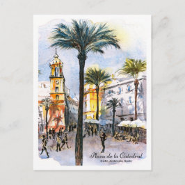 Akvarellskiss katedraltorget Cadiz Spanien Vykort