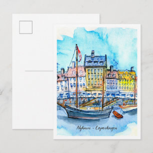 Akvarellskiss Nyhavn Köpenhamn Vykort