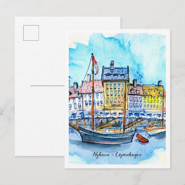 Akvarellskiss Nyhavn Köpenhamn Vykort (Fram/baksida)