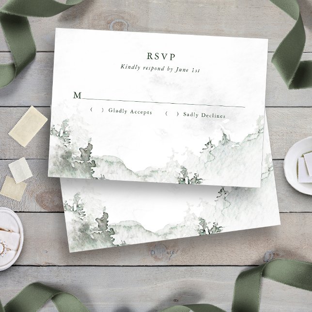 Akvarellskog OSA Kort (Green and White Simple Minimalist Watercolor Forest RSVP Card
)