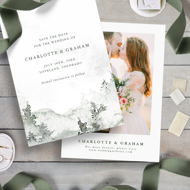 Akvarellskog Spara Datumet (Simple Minimalist Photo Watercolor Forest Save The Date
)