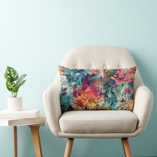 Akvarellstänk och blommor i bläck lumbarkudde (Stol)
