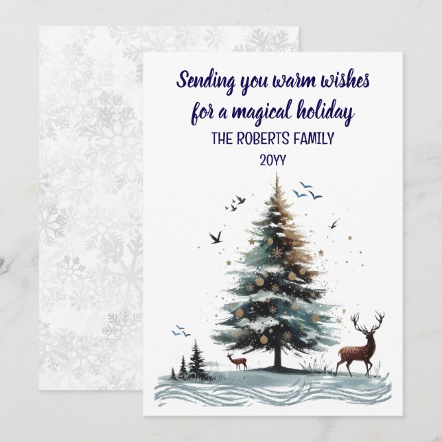 Akvarellstil Abstrakt Träd med Hjort Julkort (Fram/baksida)