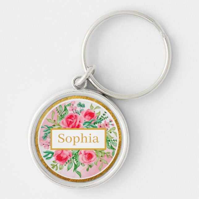 Akvarellstil Rosa Rosor, Gröna blad och Guld Rund Silverfärgad Nyckelring (Framsidan)