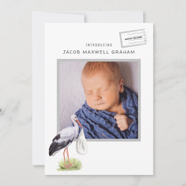 Akvarellstork | Dubbelsidigt födelsekort (Framsida)