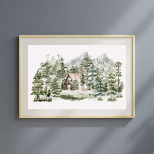 Akvarellstuga i den gröna tallskogen poster