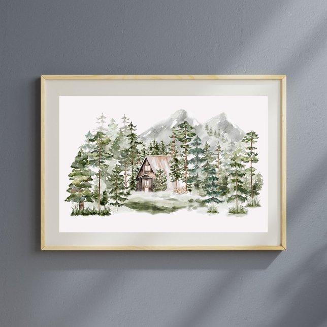 Akvarellstuga i den gröna tallskogen poster (In situ)