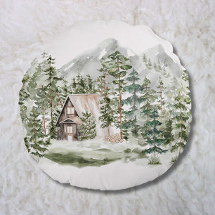 Akvarellstuga i den gröna tallskogen rund kudde