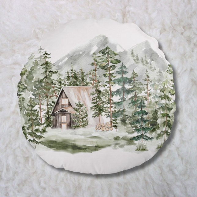 Akvarellstuga i den gröna tallskogen rund kudde (In situ)