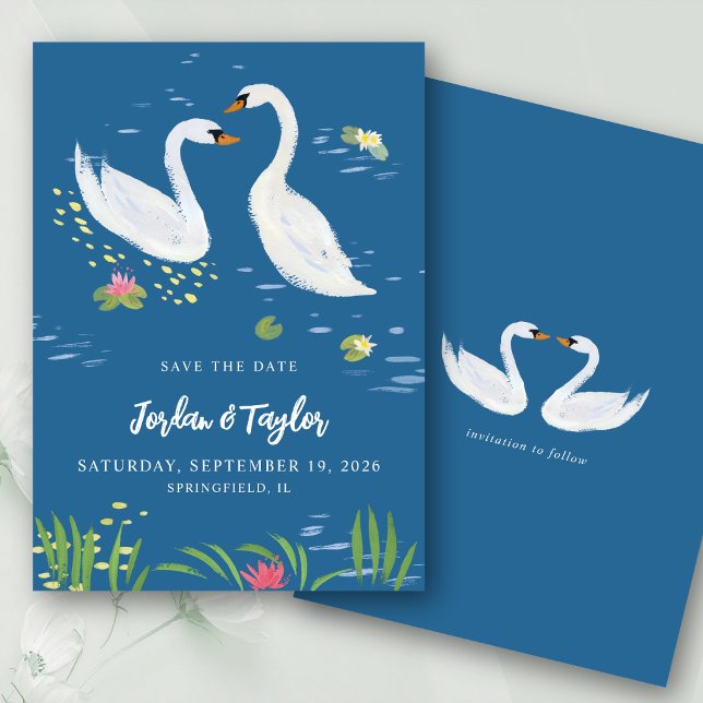 Akvarellsvanar Romantiskt Spara datum Blå Inbjudningar (Soft watercolor swans on a rich blue pond. Personalize names, date & location in seconds.)