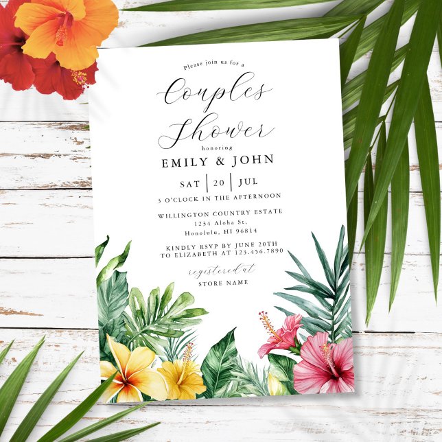 Akvarellt Tropiska Blommor Par Bröllopsdusch Inbjudningar (Watercolor Tropical Flowers Couples Shower Invitation)