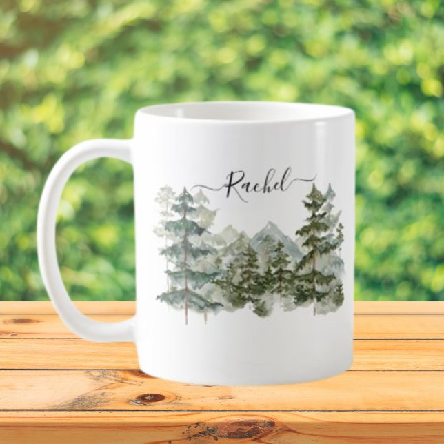 Akvarelltallskog och berg Estetik Kaffemugg (Close up outdoor)