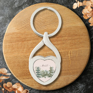 Akvarelltallskog och rustik bergsmiljö twisted heart silverfärgad nyckelring