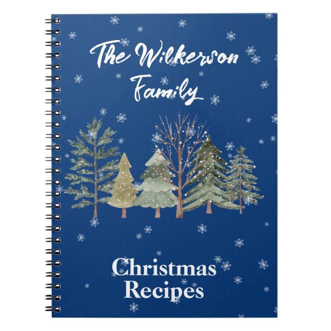 Akvarellträd i en snöig vinter skog på blå anteckningsbok (Framsidan)