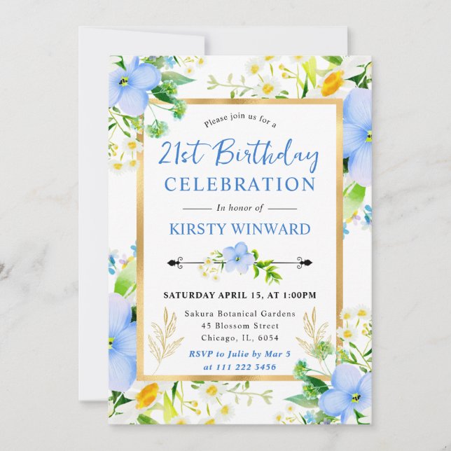 Akvarelltussar och Blå Blommor 21-årsdag Inbjudningar (Framsida)