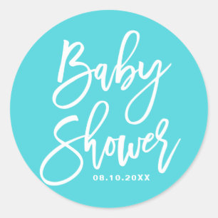 Akvatblå handskriven anpassningsbar baby shower-de runt klistermärke