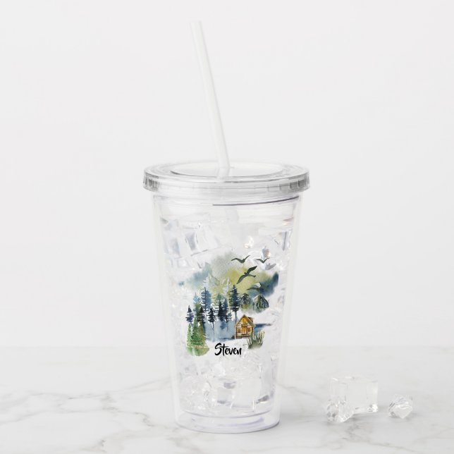 Akvatell skogsscen med personlig touch take away mugg (Framsida Ice)