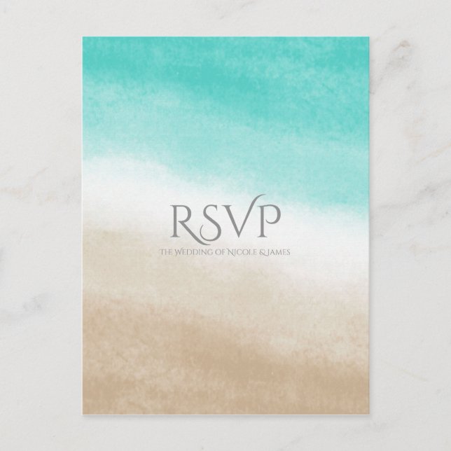 Akvatell & Tan Elegant Strandbröllop RSVP Inbjudan Vykort (Framsida)