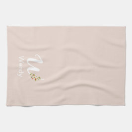 Akvatint botanisk beige initial monogram kökshandduk
