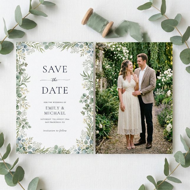 Akvatintgrönska med elegant bröllopsfoto spara datumet (Skapare uppladdad)