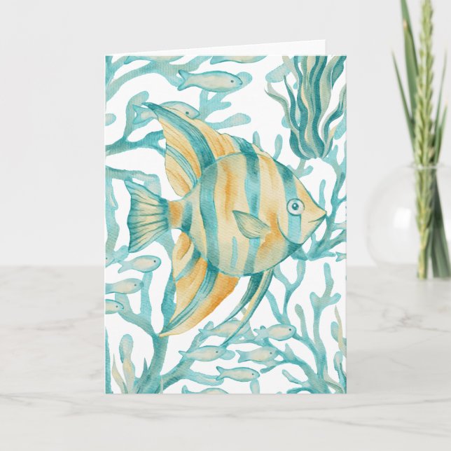 Akvatisk ängelfisk i teal vattenfärg fisk kort (Framsida)