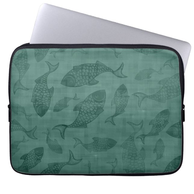 Akvatisk fisk stencil konst teal bokeh mönster laptop fodral (Framsidan)