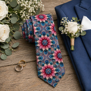 Akvatisk Teal Azure Blå Beige Paisley Konst Mönste Slips