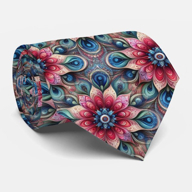 Akvatisk Teal Azure Blå Beige Paisley Konst Mönste Slips (Rullad)