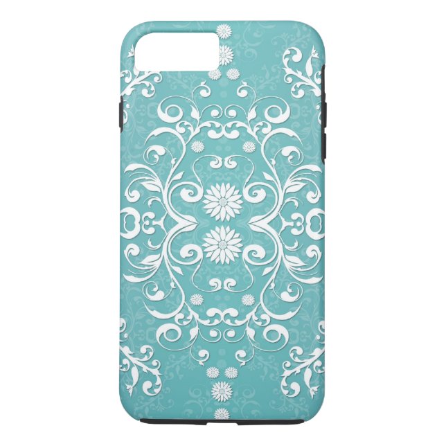 Akvatisk turkos och vit blomsterdamast Case-Mate iPhone skal (Baksida)