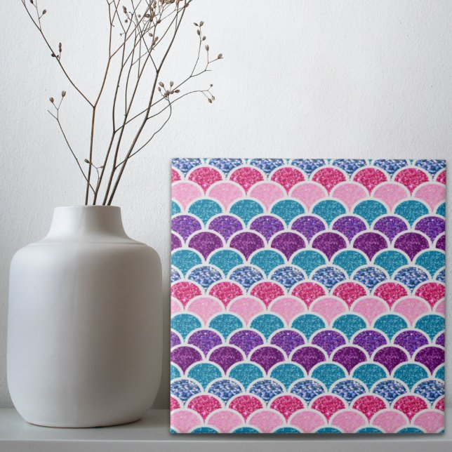 akvatisk turkos rosa lila sjöjungfru kakelplatta (aqua turquoise pink purple mermaid scales ceramic tile)