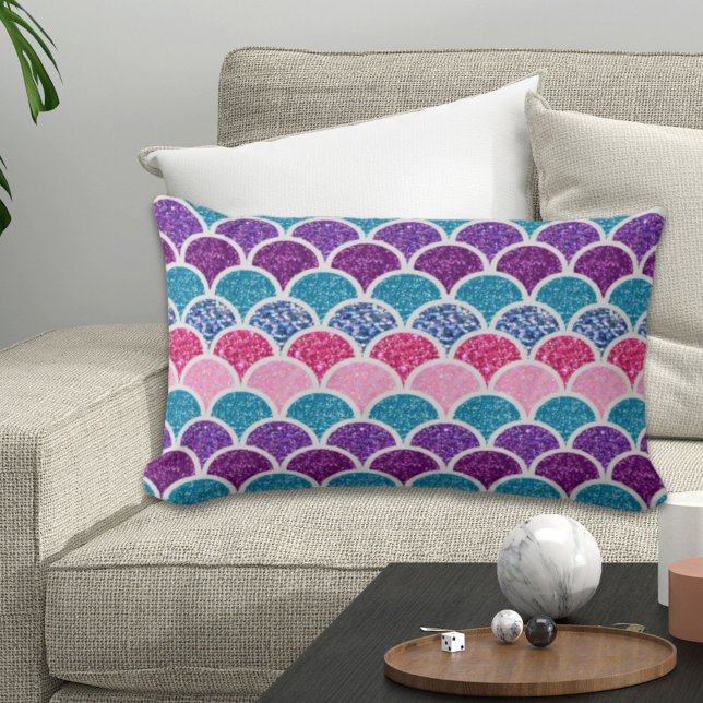 akvatisk turkos rosa lila sjöjungfru lumbarkudde (aqua turquoise pink purple mermaid scales lumbar pillow)