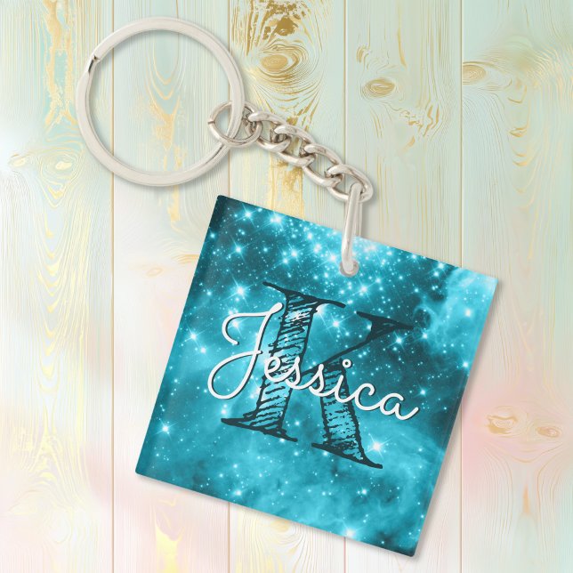 Akvatyrkosmisk stjärnmonogram (Aqua Teal Celestial Starry Monogram Keychain)