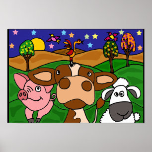 AL- Barnyard Animals Folk Art Poster