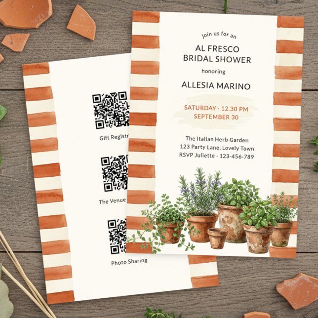 Al Fresco Terrakotta-Randig Bröllopsfest Inbjudningar (Bridal Shower Invitation with Italian herb garden and terracotta stripes by Darling & May)