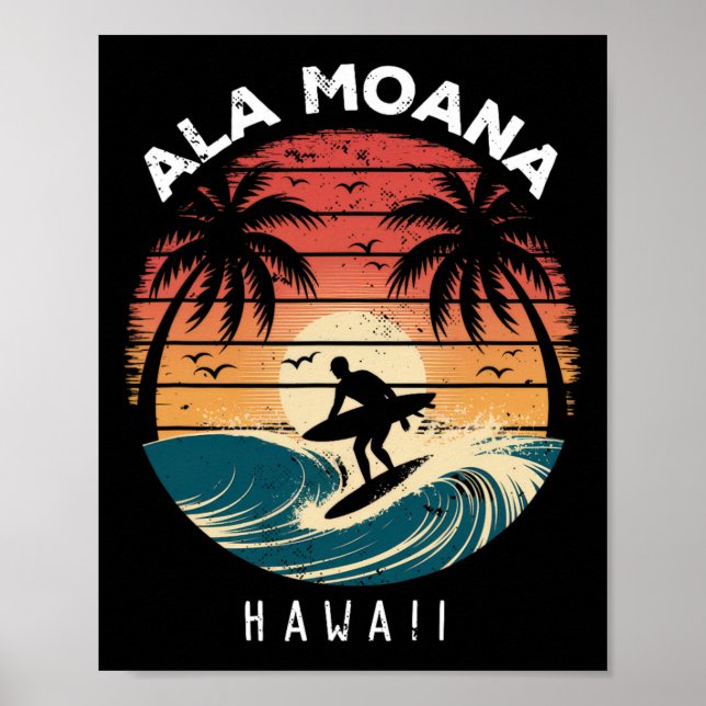 Ala Moana Beach Hawaii Surfbräda Vågor Strand  Poster (Framsidan)